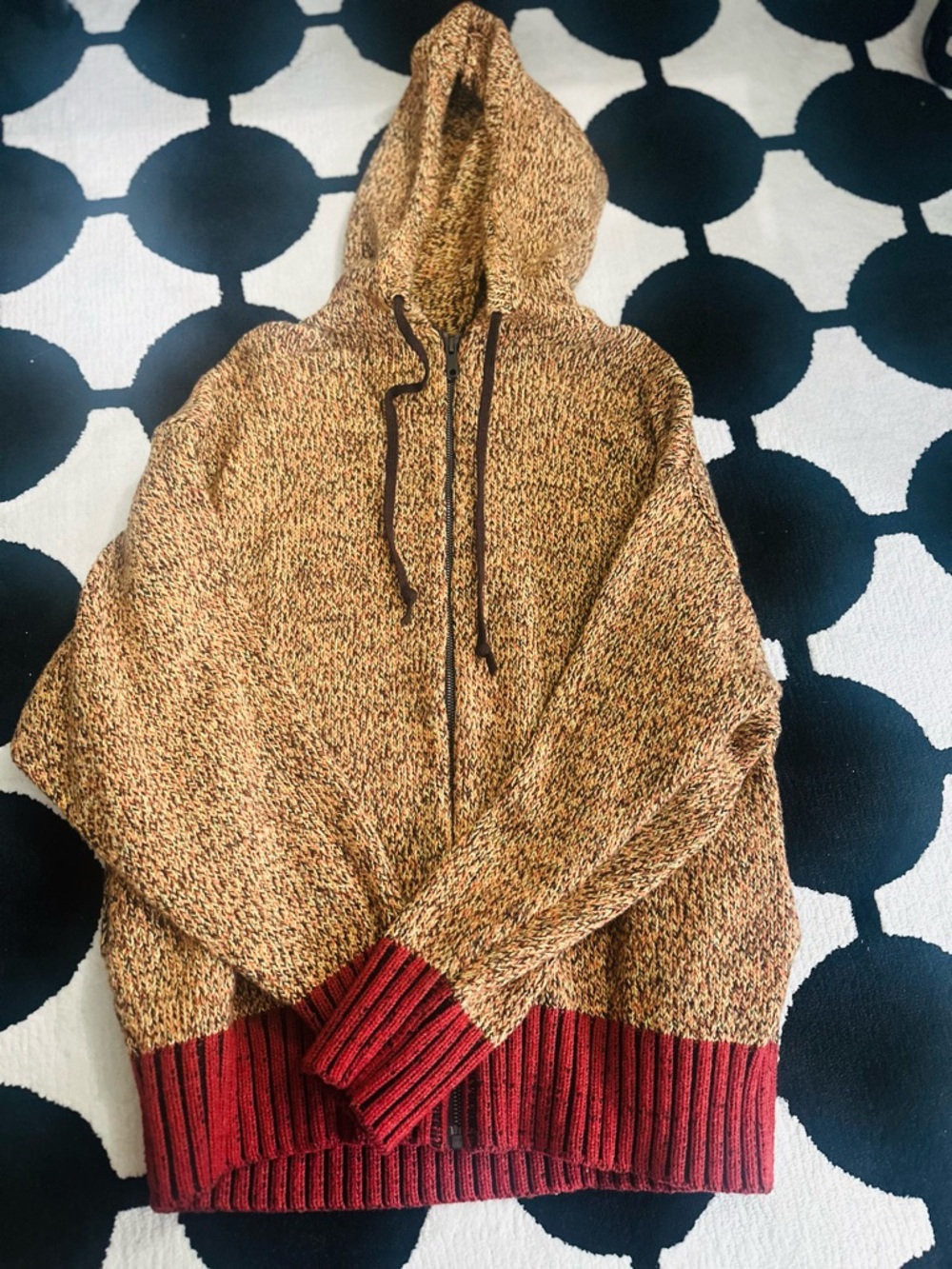 Marni x Uniqlo Hooded Zip Sweater in Marled Tan with Red Trim